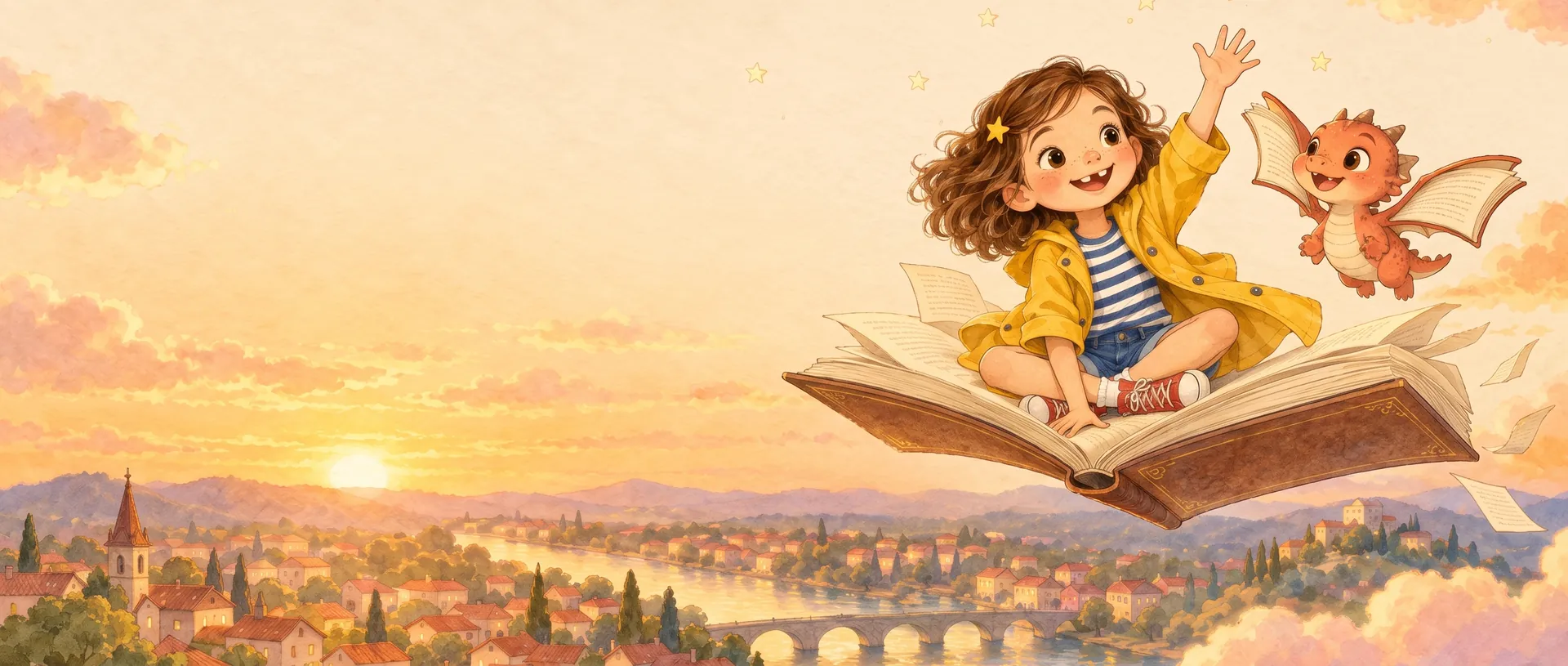 A kid and a friendly dragon flying over a storybook town at dusk